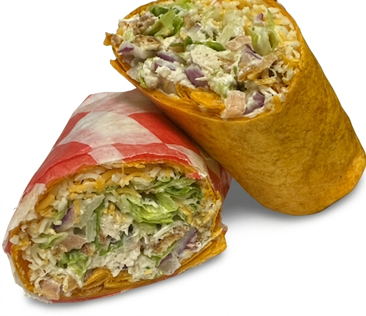Chicken wrap halves filled with lettuce, cheese and onion